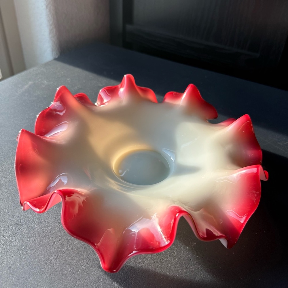 Vintage “Bride’s Bowl/Bride’s Basket” Cranberry-to-White Cased Art Glass Ruffle